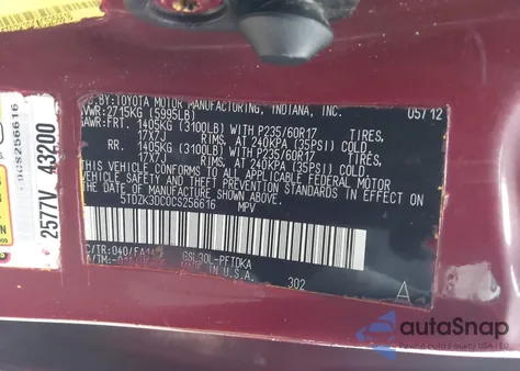 2012 Toyota Sienna Base V6 7 Passenger z USA, uszkodzony, nr VIN 5TDZK3DC0CS256616